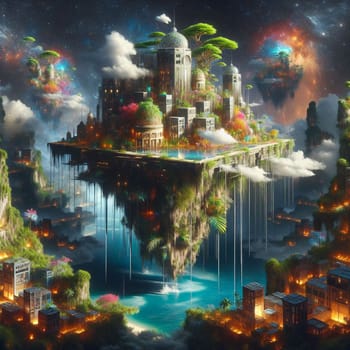 A floating island city with lush greenery and structures, representing a futuristic and utopian concept. A high-quality photo.