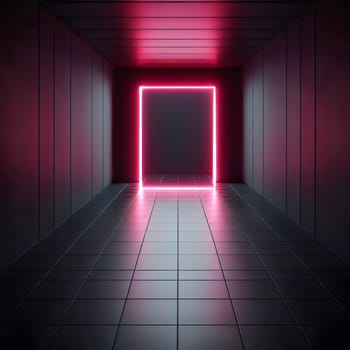 A dark room with a glowing pink neon rectangle, resembling a doorway or portal. The scene is mysterious and futuristic, suggesting a sense of exploration and the unknown. A high-quality photo.