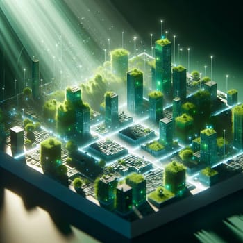 A futuristic cityscape with green buildings, glowing lights, and a sense of technological advancement. A high-quality photo.