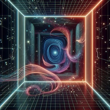 A digital art illustration of a glowing blue spiral in a dark, gridded space, representing technology, data, and the future. A high-quality photo.