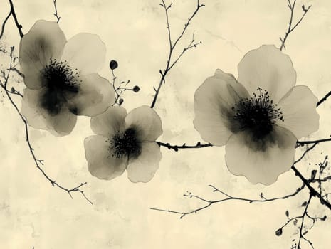 large flowers and small branches printed on top, inspired by abstract expressionist art. AI generative.