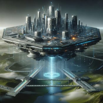 A futuristic city floating in the sky above a landscape with a glowing blue portal, representing a utopian concept of technology and progress. A high-quality photo.