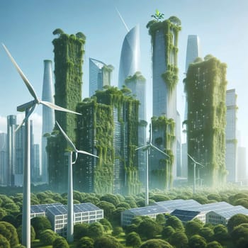A futuristic cityscape with tall buildings covered in lush greenery, wind turbines, and solar panels, representing a sustainable and eco-friendly city. A high-quality photo.