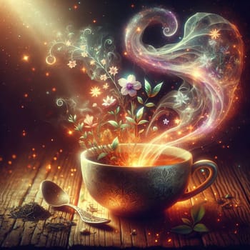 A cup of tea with magical steam rising from it, surrounded by glowing flowers and a sense of enchantment. A high-quality photo.