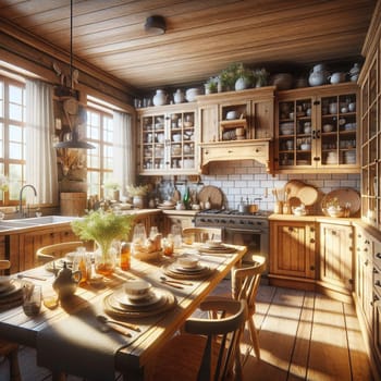 A cozy, rustic kitchen with wooden cabinets, a dining table, and warm sunlight streaming through the window, representing a welcoming and comfortable space. A high-quality photo.