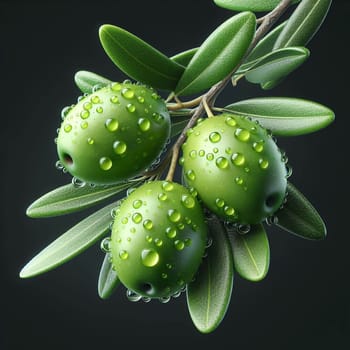A close-up of a branch of an olive tree with green olives covered in water droplets, representing freshness, natural beauty, and the bounty of nature. A high-quality photo.