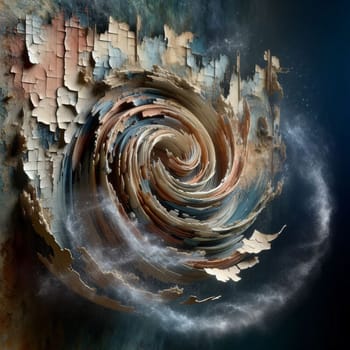 Abstract digital art depicting a swirling vortex of peeling paint and textures, representing a sense of chaos and change. A high-quality photo.