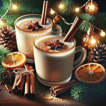 Two glasses of eggnog with cinnamon sticks and star anise, representing a festive and cozy holiday scene. A high-quality photo.