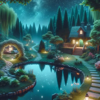 A cozy cottage nestled in a lush forest with a pond and a starry night sky, representing a serene and magical escape. A high-quality photo.