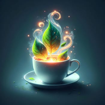 A white teacup with a saucer sits on a blue background, with steam rising from the cup and forming into green leaves. The leaves are glowing. A high-quality photo.