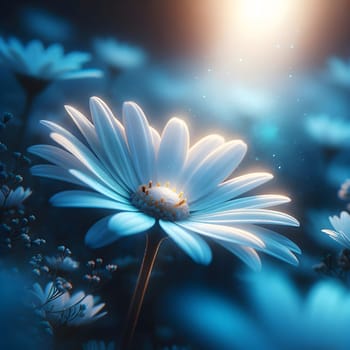 A single white daisy is in focus, with other daisies blurred in the background. The daisy is bathed in a soft, blue light, with a faint golden glow around it. A high-quality photo.