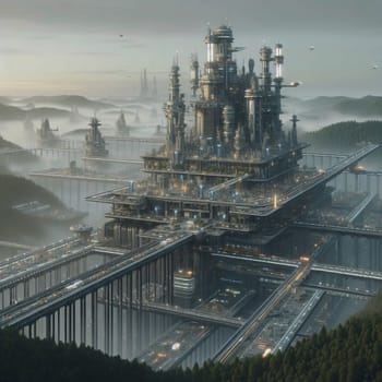 A futuristic city with towering structures and advanced technology, set against a backdrop of mountains and fog, representing a vision of progress and innovation. A high-quality photo.
