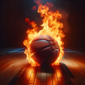 A basketball on a wooden court is engulfed in flames. The flames are intense and dynamic, creating a sense of power and energy. A high-quality photo.