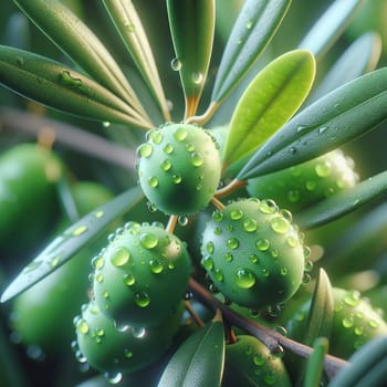 A close-up of green olives on a branch of an olive tree, with water droplets on the olives and leaves. The scene is fresh and vibrant, with a sense of natural beauty. A high-quality photo.