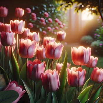 A field of pink tulips is illuminated by the warm light of the setting sun. The tulips are in soft focus, creating a dreamy and romantic atmosphere. A high-quality photo.