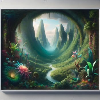 A view of a lush, green valley surrounded by mountains, seen through a circular opening in a cave. The scene is peaceful and serene, with a sense of mystery and adventure. A high-quality photo.
