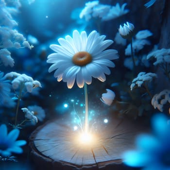 A single white daisy with glowing sparks emerging from its base, growing on a tree stump in a field of other daisies bathed in a blue light. The scene is magical and enchanting. A high-quality photo.
