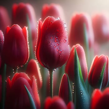 A close-up of red tulips with water droplets on their petals. The tulips are bathed in a warm, golden light, creating a soft and romantic atmosphere. A high-quality photo.