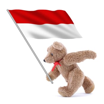 An Indonesia flag being carried by a cute teddy bear