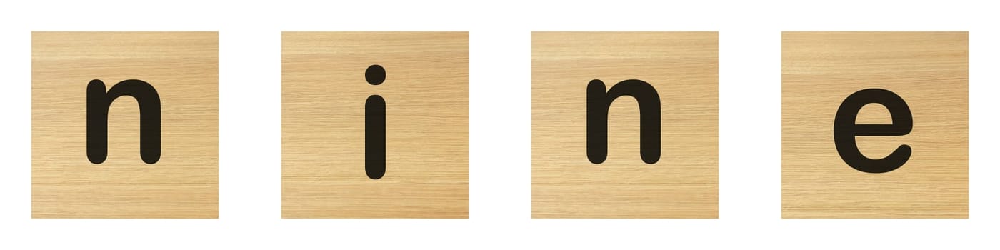 Nine word with wood blocks on white