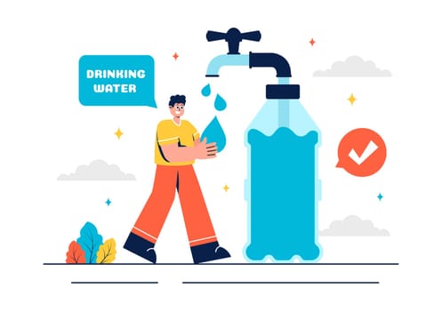 Vector Illustration of People Drinking Water from Plastic Bottles and Glasses, Featuring a Pure and Fresh Concept in a Flat Style Cartoon Background