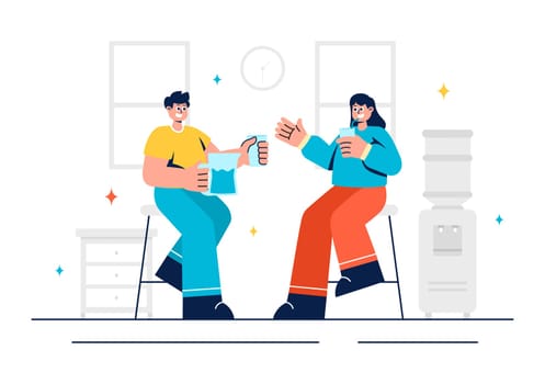 Vector Illustration of People Drinking Water from Plastic Bottles and Glasses, Featuring a Pure and Fresh Concept in a Flat Style Cartoon Background