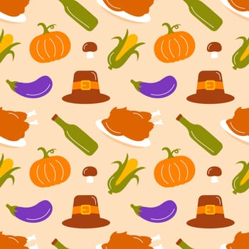 Festive Thanksgiving Day Seamless Pattern Template with Flat Style Cartoon Elements Illustration