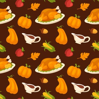 Festive Thanksgiving Day Seamless Pattern Template with Flat Style Cartoon Elements Illustration