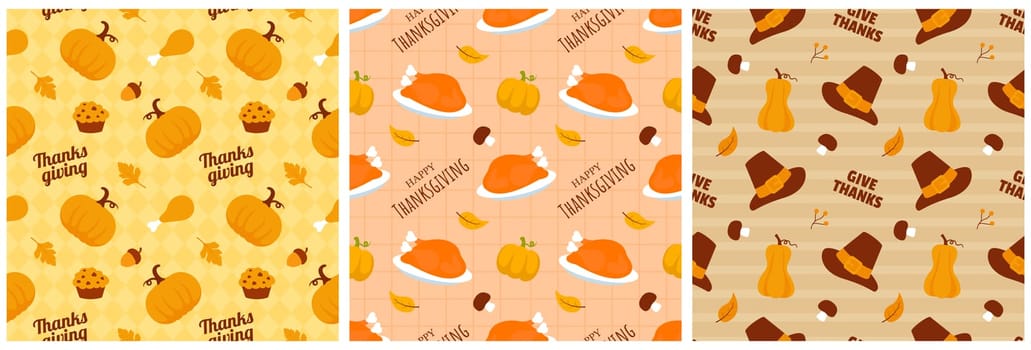 Festive Thanksgiving Day Seamless Pattern Template with Flat Style Cartoon Elements Illustration
