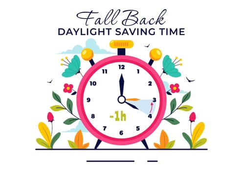 Daylight Saving Time Vector Illustration with Alarm Clock and Calendar Transitioning from Summer to Fall in a Flat Style Cartoon Background Design