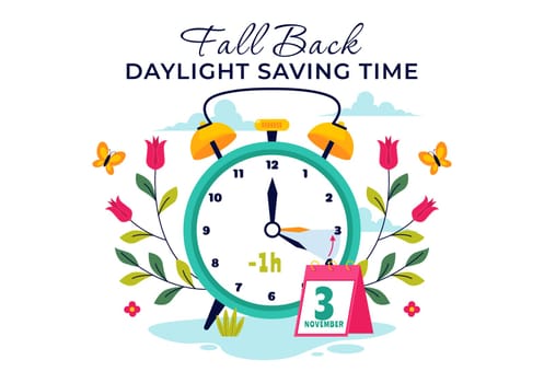 Daylight Saving Time Vector Illustration with Alarm Clock and Calendar Transitioning from Summer to Fall in a Flat Style Cartoon Background Design