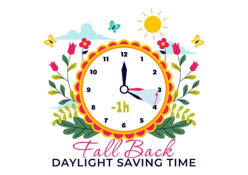 Daylight Saving Time Vector Illustration with Alarm Clock and Calendar Transitioning from Summer to Fall in a Flat Style Cartoon Background Design
