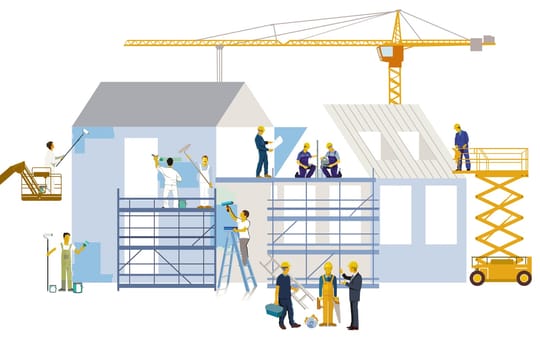 Construction workers on the construction site, illustration