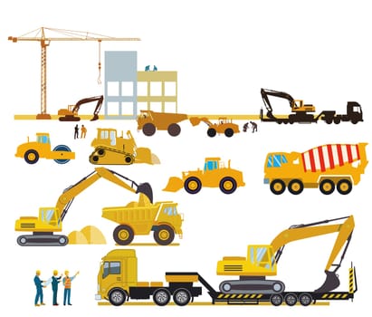 Construction machinery on the construction site with construction workers, illustration.