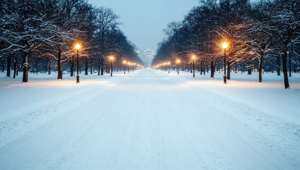 Snowy park path at night with illuminated trees
