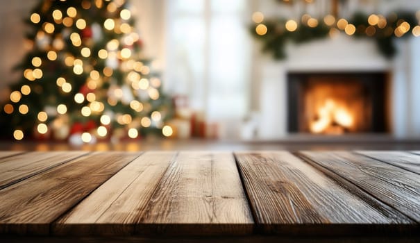 Wooden table with Christmas tree and fireplace in the background