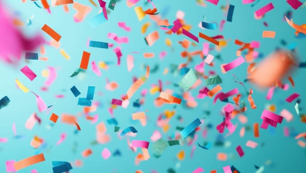 Colorful confetti on a turquoise background. Concept of celebration, party, and festivity.