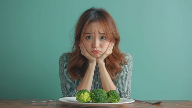 Unhappy woman looking at healthy green apple on table