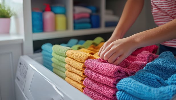Colorful towels folded neatly on a washing machine. Concept of laundry, household chores, and home organization.