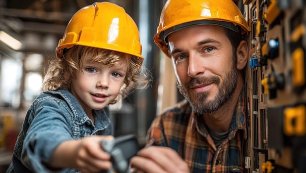 Father and son working together in a warehouse. Concept of family business, teamwork, and learning a trade.