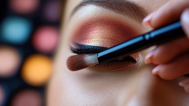 Close up of eye makeup application with brush. Beauty and cosmetics concept.