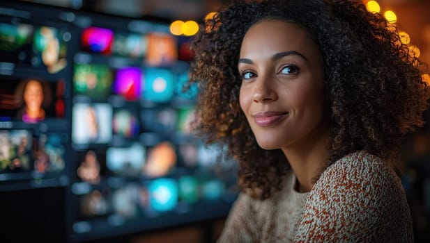 Smiling woman in front of a screen displaying multimedia content. Concept of creativity and technology.