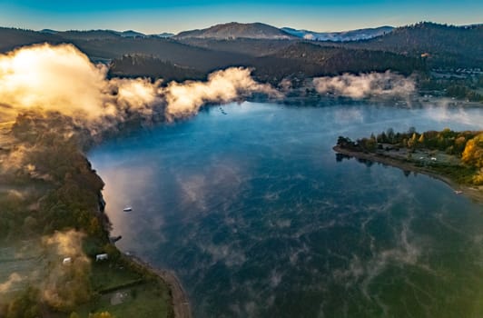 Aerial view of Lake Solina near the village of Zawoz in Bieszczady Mountains, Poland