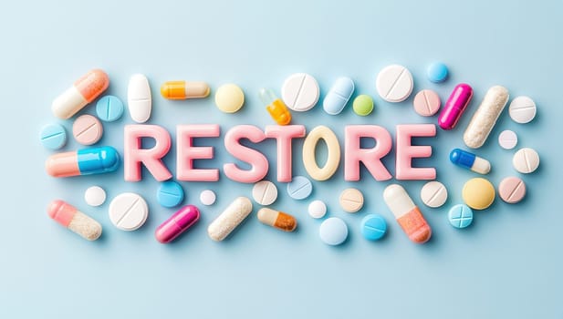 Assorted pills and tablets spelling RESTORE