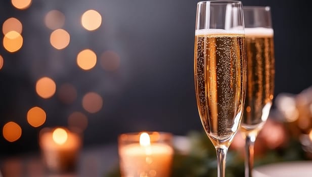Champagne glasses with sparkling wine against festive lights. Concept of celebration, party, and holiday cheer.