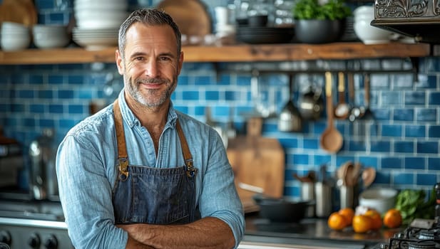 Smiling chef in a kitchen, portrait of a professional cook