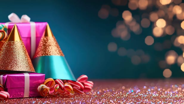 Festive holiday gifts and decorations on glittering background