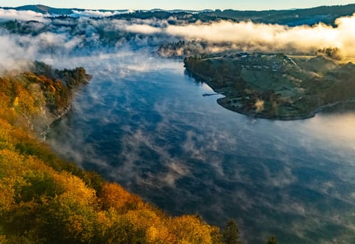 Aerial view of Lake Solina near the village of Zawoz in Bieszczady Mountains, Poland