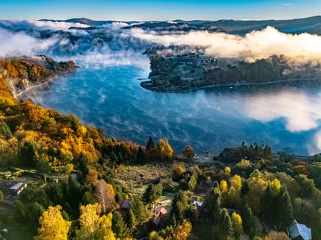 Aerial view of Lake Solina near the village of Zawoz in Bieszczady Mountains, Poland