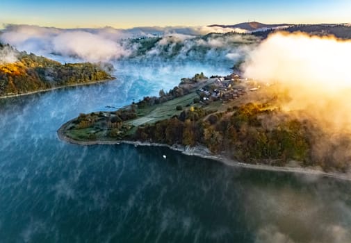 Aerial view of Lake Solina near the village of Zawoz in Bieszczady Mountains, Poland